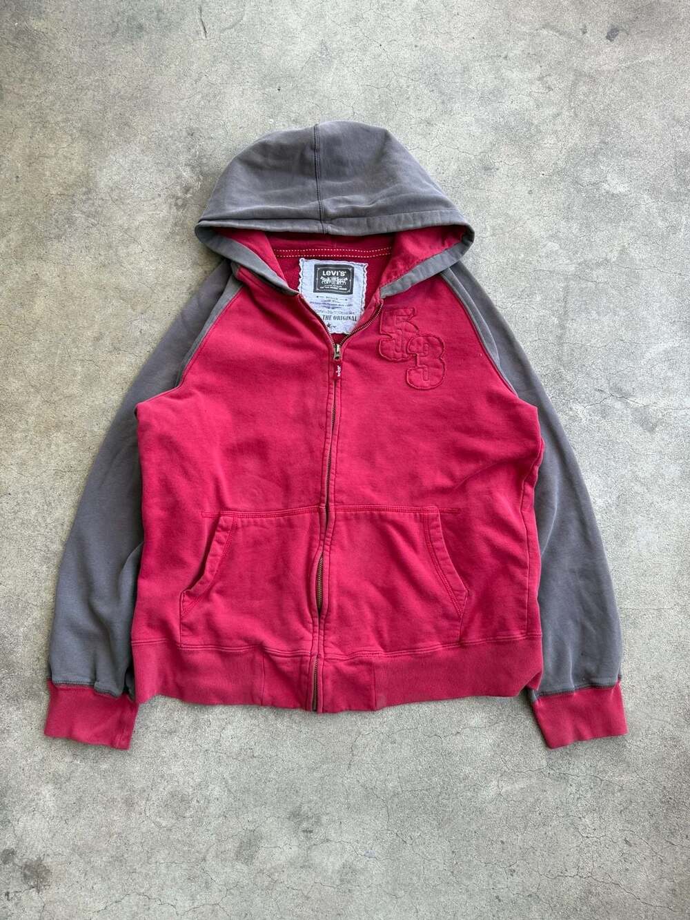 Y2K Levi's Men's Medium Full Zip Hoodie Red Gray Graphic Logo